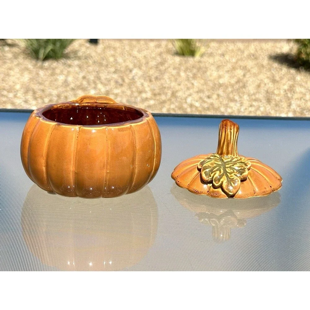 Ceramic Pumpkin Jar with Leaf on Lid Fall Harvest Thanksgiving Halloween Decor